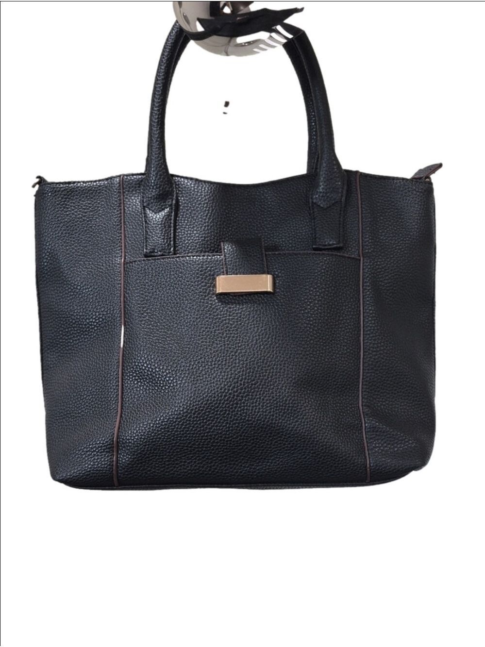 Black Pebbled Convertible Tote Crossbody Bag with Gold Bar Accent
